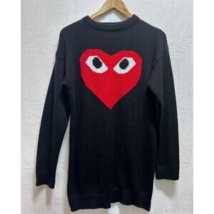 Comme Des Garcons PLAY Red Heart Printed Sweater Dress Top S/M Black Pullover